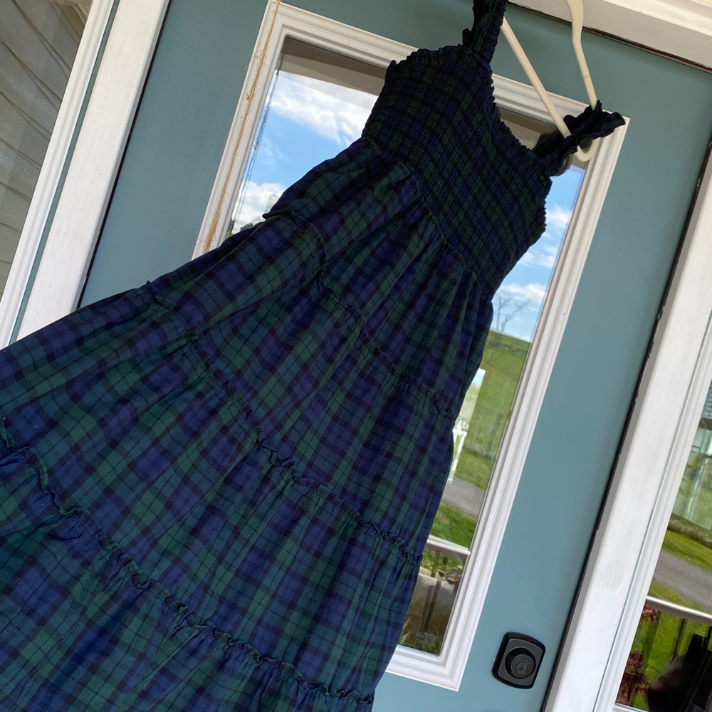 J. Crew Black and Dark Green Plaid Smocked maxi dress